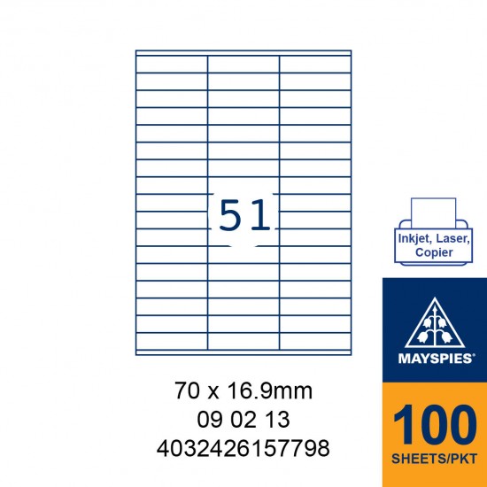 MAYSPIES 09 02 13 LABEL FOR INKJET / LASER / COPIER 100 SHEETS/PKT WHITE 70X16.9MM